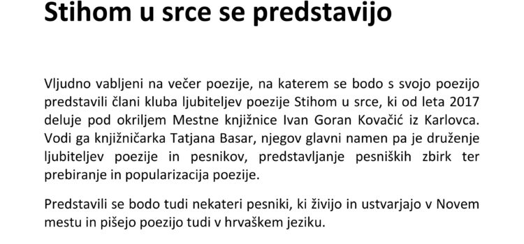 Hrvatski dani u novomeškoj knjižnici, gostovanja KLJP “Stihom u srce”