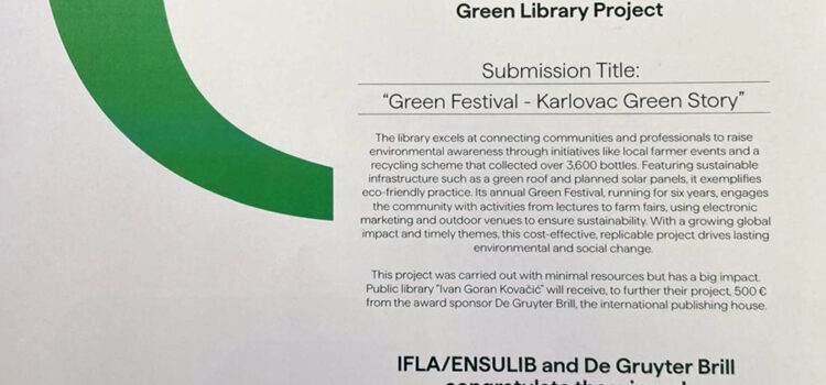 Karlovački “Zeleni festival” dobitnik je posebnog svjetskog priznanja “IFLA Green Library Award 2025”